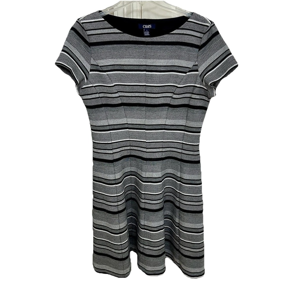 Ralph Lauren Chaps Striped Fit & Flare Dress Black & White Strip Sz M‎  EUC Knit